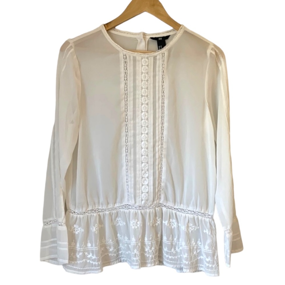 H&M White Semi-Sheer Blouse with Delicate Detailing Size H&M 12